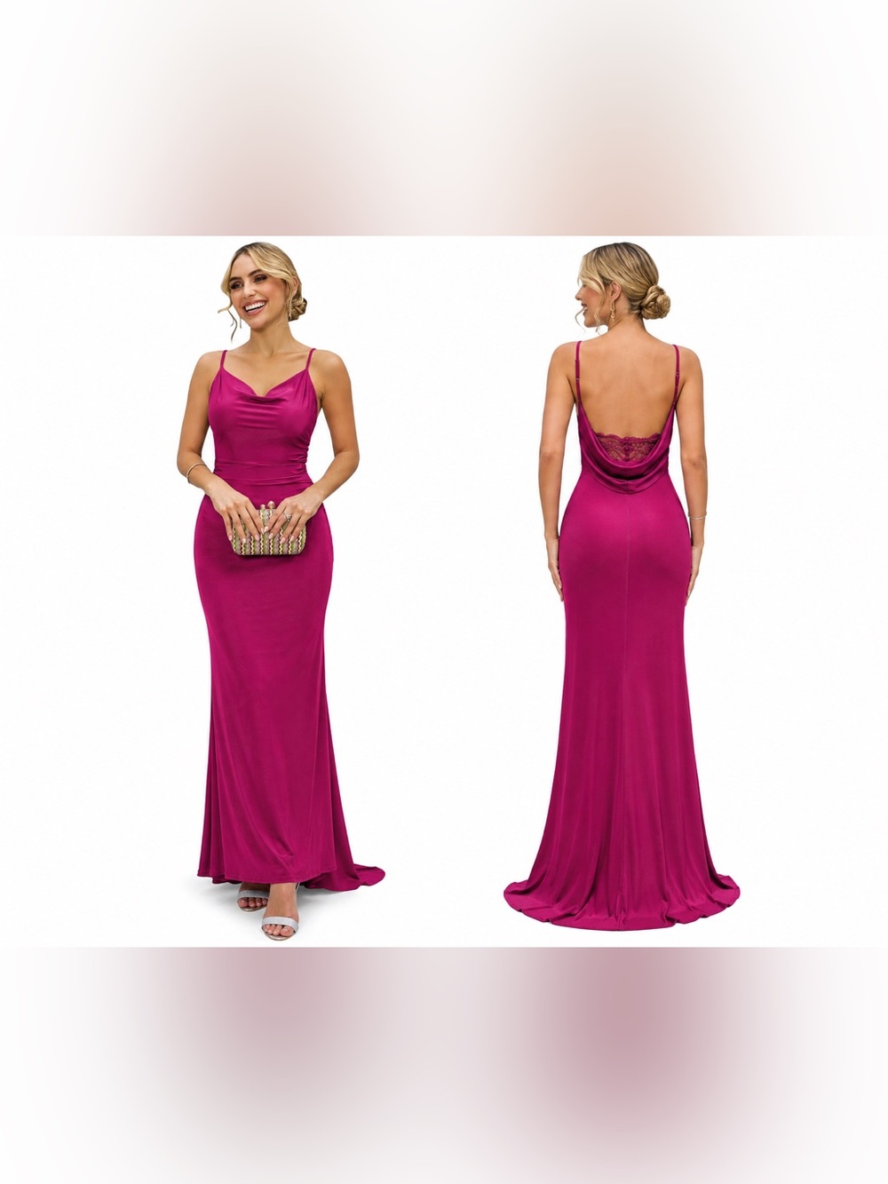 Magenta Cowl Back Spaghetti Strap Evening Gown
